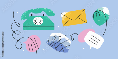 Vintage telephone envelope and note illustrations with abstract colorful shapes