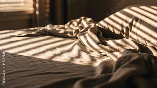 Unmade messy bed with striped shadows from window blinds in morning light