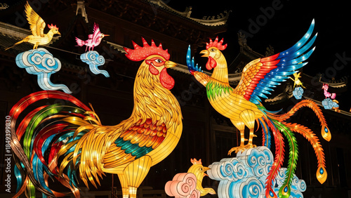 Vibrant Rooster and Hen Embroidery on Black Fabric with Intricate Details and Colorful Patterns