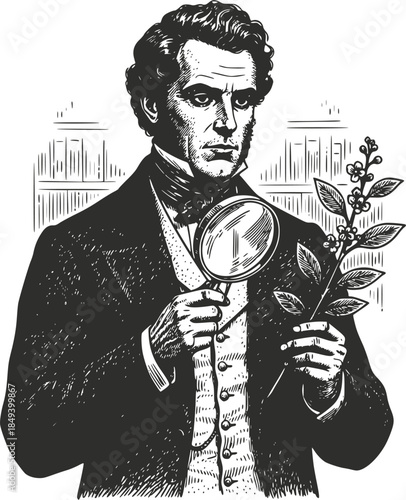 Vintage woodcut illustration of a 19th-century botanist examining a floral branch with a magnifying glass. Detailed retro scientist portrait, isolated on white background.