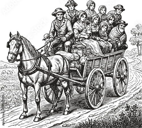 Vintage woodcut illustration of a pioneer family traveling in a horse-drawn wagon on a rural trail. Detailed retro migration scene, isolated on white background.