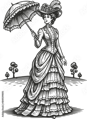 Vintage woodcut illustration of an elegant Victorian lady in a ruffled bustle dress holding a parasol on a scenic walk. Detailed retro fashion portrait, isolated on white.