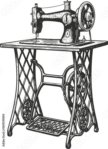 Vintage woodcut illustration of an antique treadle sewing machine on a cast iron stand. Detailed retro dressmaker equipment and tailoring tool, isolated on white background.