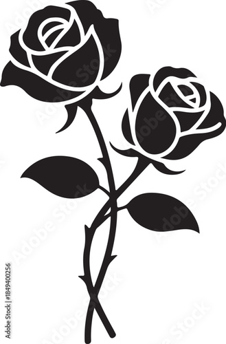 Black silhouette of two roses on stems with leaves