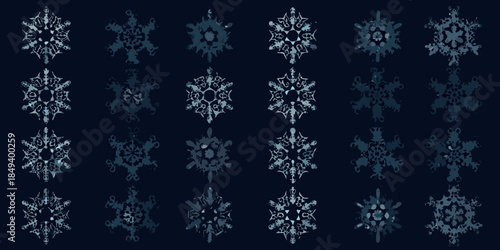 A collection of intricate blue pixelated snowflake designs on a dark background