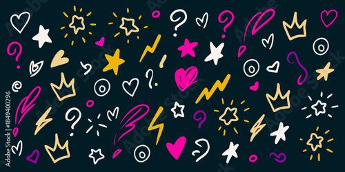 A playful dark background filled with various hand drawn doodle shapes and symbols