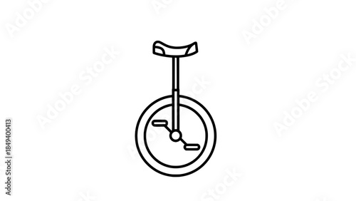 Minimalist black line vector illustration of a unicycle icon with seat, post, and pedals