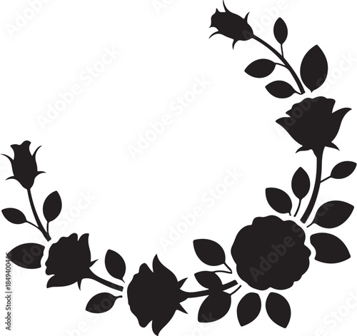 Black silhouette rose floral border design vector