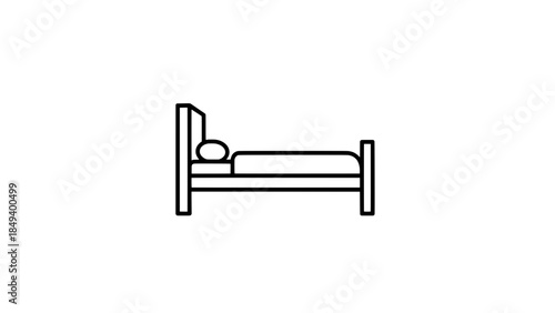 Minimalist sleeping bed icon with person in bed - black outline vector illustration