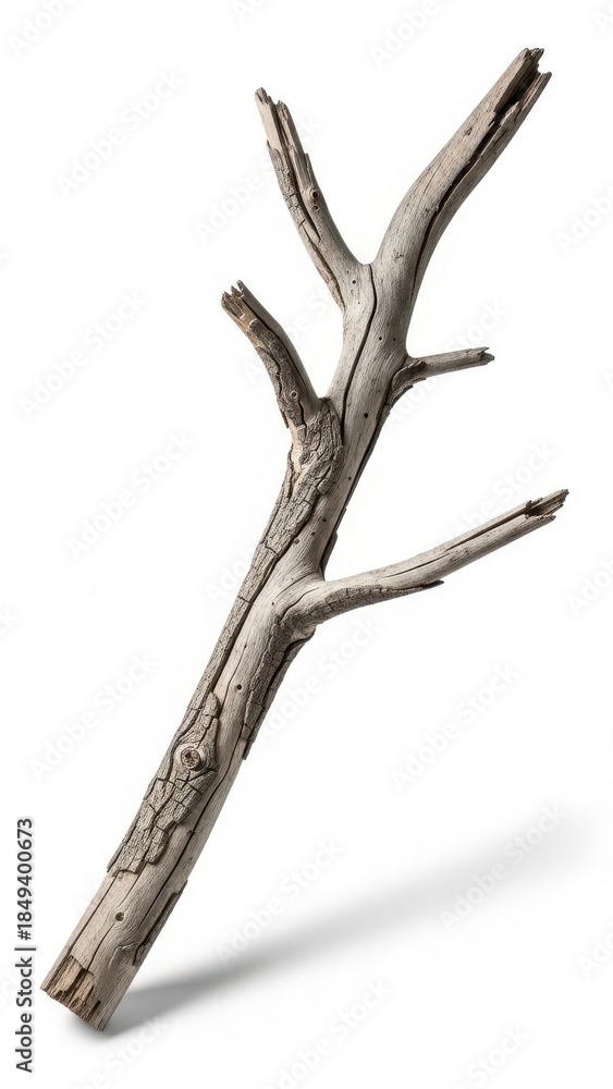 Obraz premium Bare Weathered Branch on White Background.