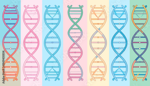 Abstract representation of genetic DNA strands in various pastel color gradients, symbolizing science, biology, and heredity in a modern illustrative style