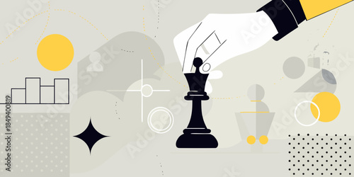 Strategic move a hand reaches for a black chess piece over abstract shapes