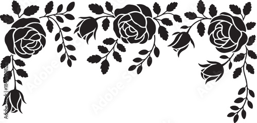 Black silhouette roses and leaves floral border design
