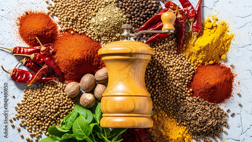 Fototapeta Naklejka Na Ścianę i Meble -  Wooden spice grinder surrounded by colorful spices and dried chilies mill pepper