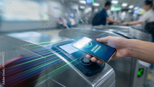 Instant payment solution concept. Instant Mobile Payment Solution with NFC Technology for Subway Turnstile Convenience and Speed