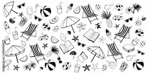 A playful collection of summer themed doodles and illustrations in black and white