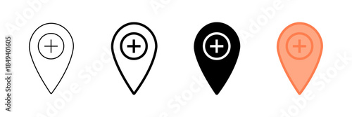 Set of minimalist location pin icons with transparent background, depicting symbols for adding new map points, navigation, and user interface elements, vector illustration