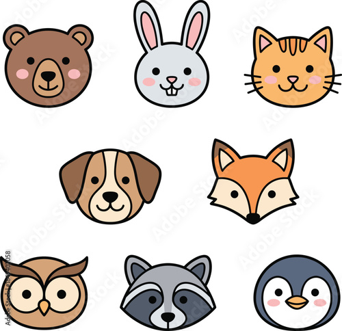 Cute animal face icon set, bear rabbit cat dog fox owl raccoon penguin, flat cartoon vector illustration collection