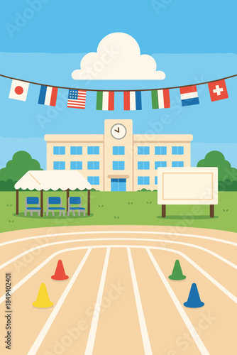 Vibrant school track and field with international flags and modern architecture