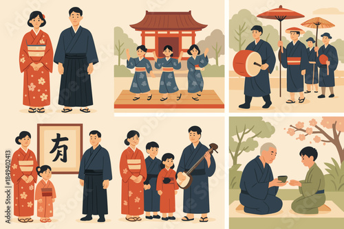Traditional Japanese people in various cultural settings and activities