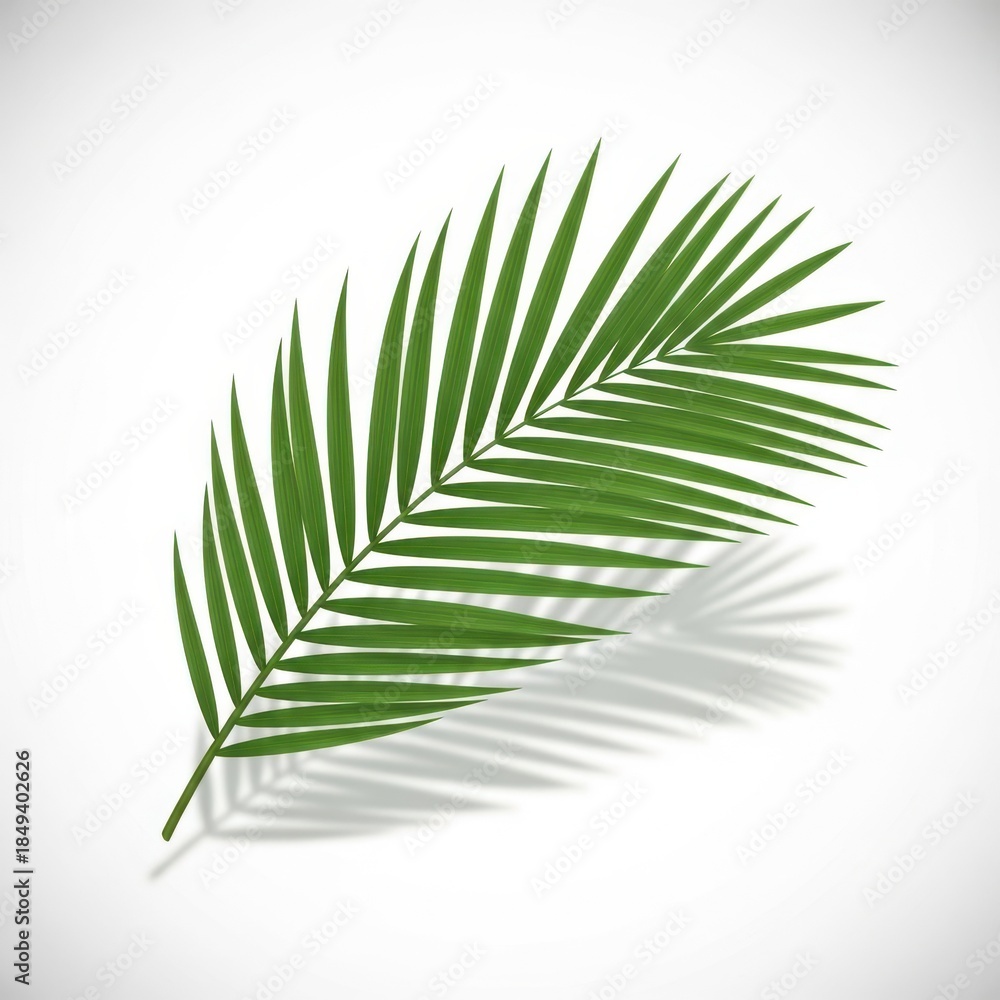 Obraz premium Single Palm Frond Leaf with Shadow on White Background.