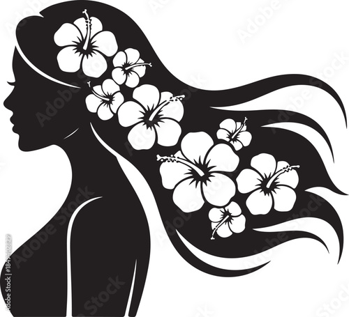 Black silhouette woman profile with white hibiscus flowers in hair
