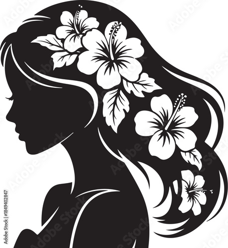 Black silhouette woman profile with white hibiscus flowers in hair