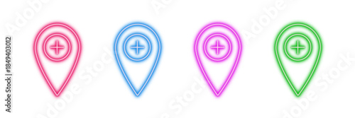Neon glowing location pin vector icons set, map marker, medical cross, hospital, add point, GPS navigation, vibrant colorful digital design illustration on transparent background.