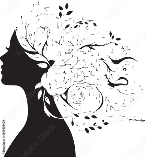 Black silhouette profile woman with floral hair head
