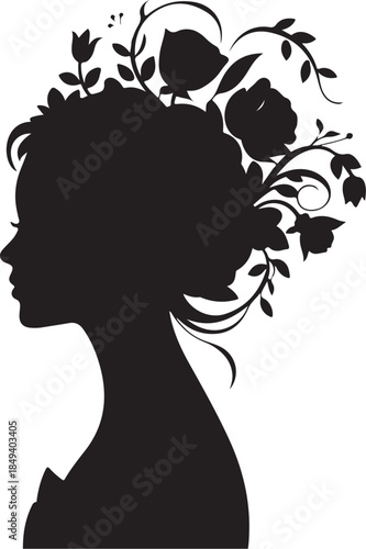Black silhouette profile woman with floral hair adornment