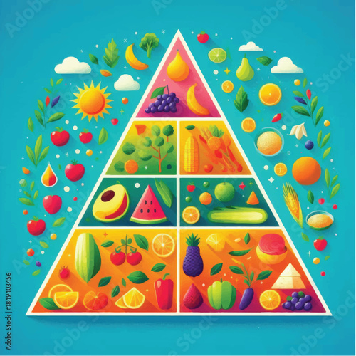 Vibrant Food Pyramid Illustration with Fruits and Vegetables.