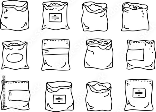Set of  hand drawn paper packet or sack doodle, line art. Packaging element for shopping, groceries, gift, food, flour bag, seed. png vector doodle icon.