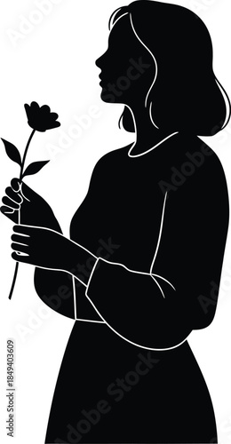 A graceful silhouette of a woman admiring a single rose, symbolizing beauty and femininity