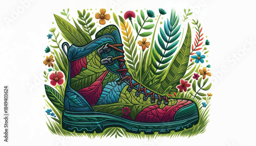 Vibrant hiking boot adorned with lush botanical patterns and natural elements.