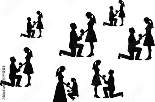 Multiple silhouettes illustrating a romantic marriage proposal scene with a couple and a ring
