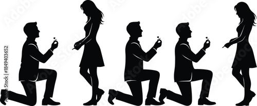 Multiple silhouettes illustrating a romantic marriage proposal scene with a couple and a ring