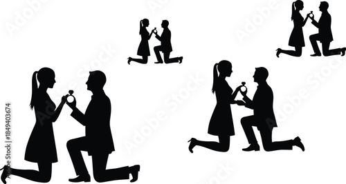 Multiple silhouettes illustrating a romantic marriage proposal scene with a couple and a ring
