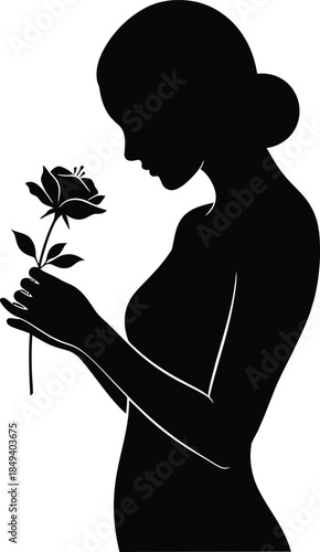 A graceful silhouette of a woman admiring a single rose, symbolizing beauty and femininity