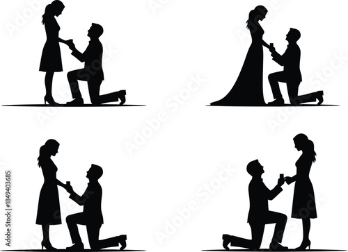 Set of four silhouettes of a man proposing marriage to a woman with a ring and flowers, isolated on white background