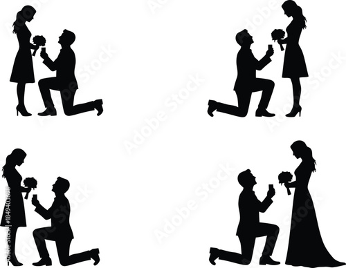 Multiple silhouettes illustrating a romantic marriage proposal scene with a couple and a ring