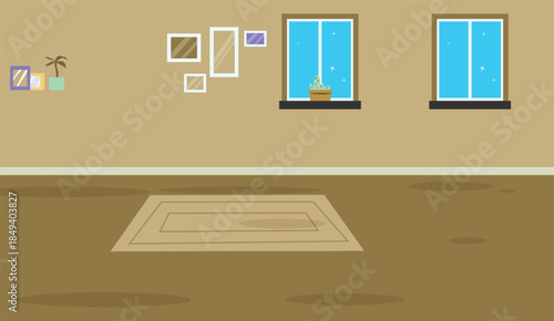 Empty Room Interior in Flat Design Style with Windows, Potted Plant, Decorative Wall Frames, and Area Rug – A Minimalist Home or Office Space Background