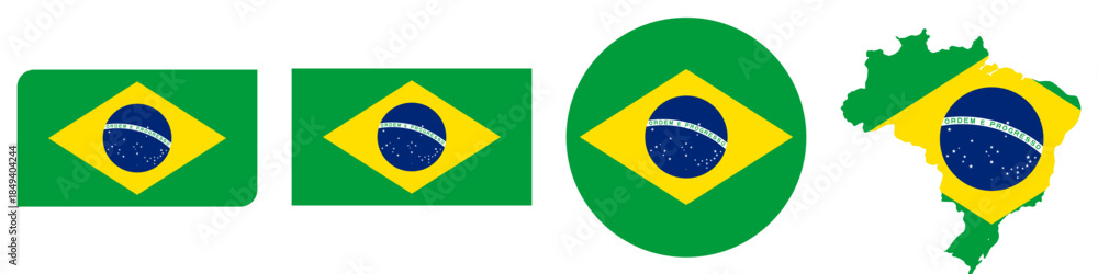 Obraz premium brazil circular flag, brazil rectangular flag, brazil map flag flat icon