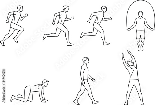 Minimal, line art, fitness exercises set showing running jumping walking stretching bodyweight workout poses isolated on white background vector illustration for health training design