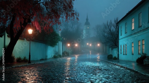 Cobblestone street lined with buildings, streetlights, and a tower in the fog at dusk
