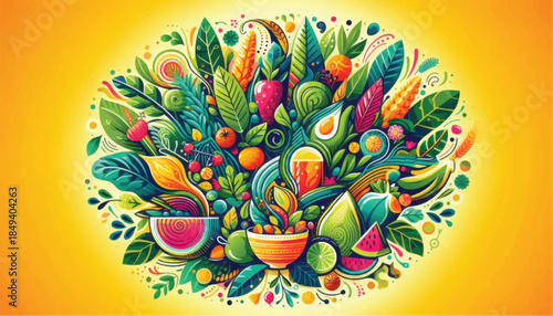 Vibrant illustration of a healthy food explosion with fruits and vegetables.