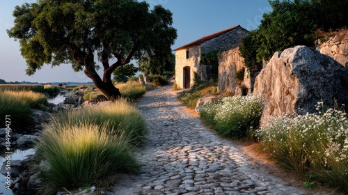 Cobblestone path winds to stone building, shaded by a tree, near water, with wildflowers