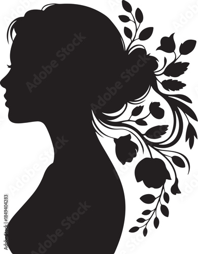 Black silhouette profile of woman with floral hair ornament