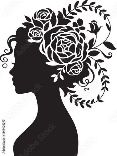Black silhouette profile of woman with floral hair ornament