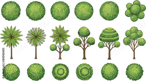 Vector tree top view collection, stylized green foliage icons set, landscape design elements, urban park vegetation symbols, flat botanical illustration bundle for modern mapping