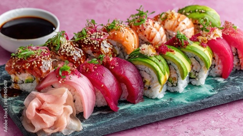 Colorful sushi rolls with various toppings and dipping sauce on a patterned board